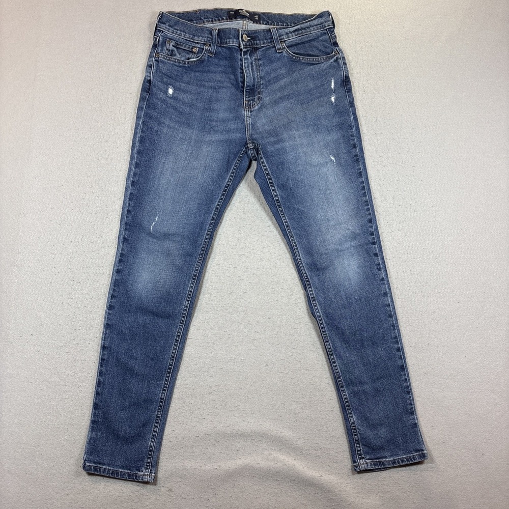 Men's Hollister Flex Skinny Blue Jeans 33x32 Distressed Medium Wash Stretch
